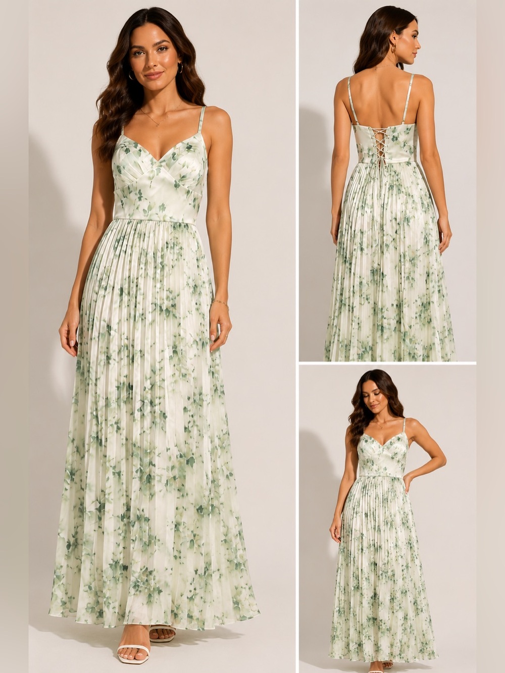 Green White Floral Satin Pleated Maxi Dress Corset Back Size 8